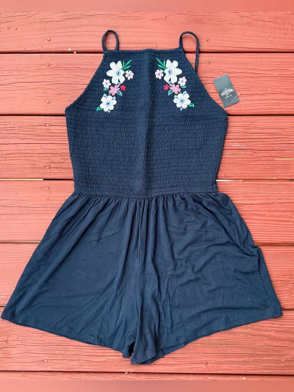 Hollister Navy Embroidered Smocked Romper